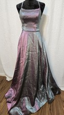 Iridescent Silver Metallic Long Formal Prom Dress Slit Corset Back Size 5