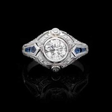 Late Art Deco Inspired Old European Cut Cubic Zirconia  Blue Sapphire Fine Ring