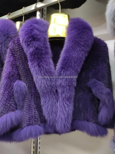 Handmade Knit Real Genuine Mink Fur Coat with Fox Fur Collar Shawls Wraps Cape - Picture 34 of 47