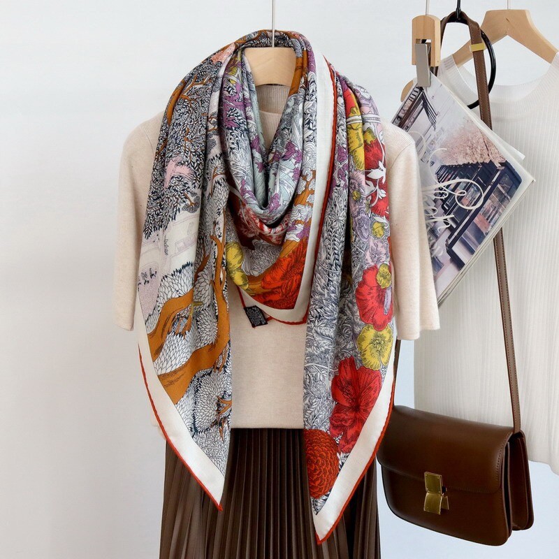 Sallys 70% Cashmere 30% Silk Wrap Scarf Nature Print Double Face Shawl 53" Pink