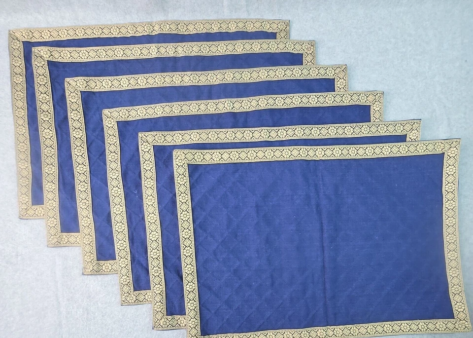 Navy Gold Embroidered Linen Placemats Napkins Set of 6 Regal Luxury Renaissance - Image 4 of 4