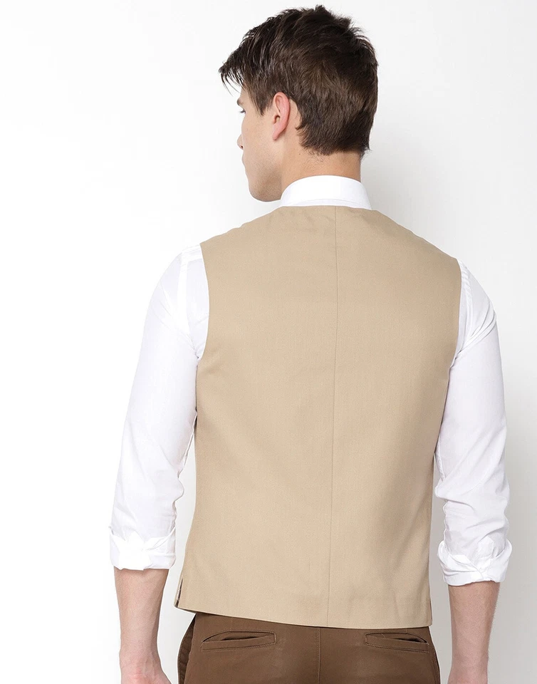 Mens Beige V Neck Single Breasted Formal Wedding Smart Casual Waistcoat Vest - Image 3 of 4