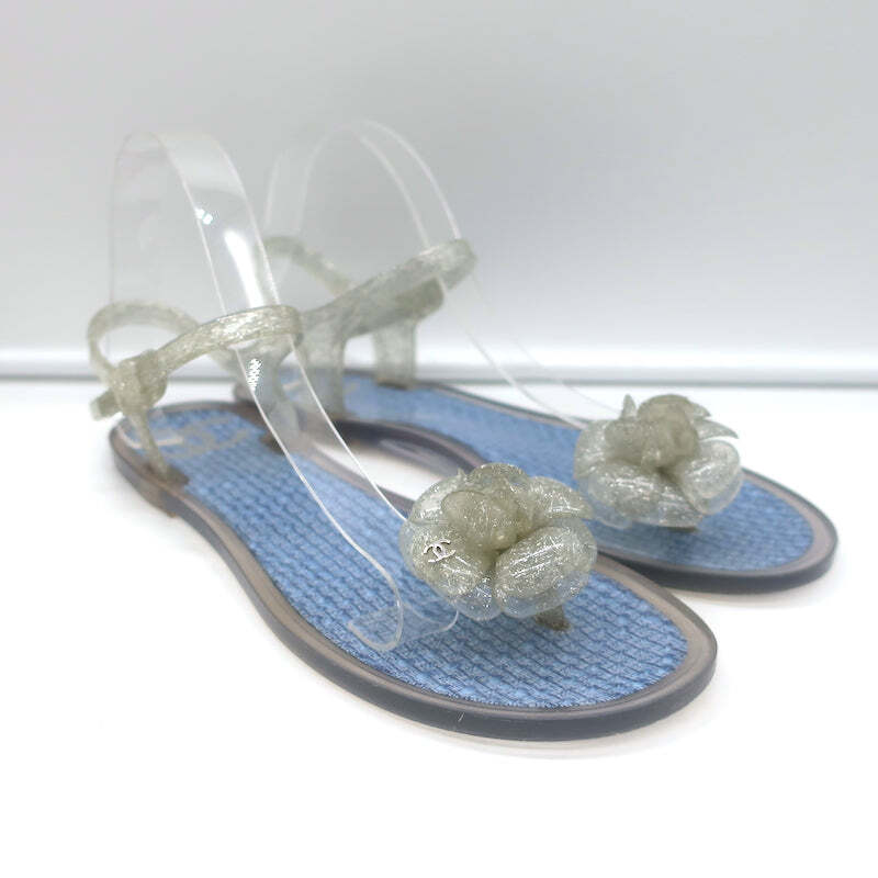 Chanel Camellia Thong Ankle Strap Jelly Sandals Silver Glitter
