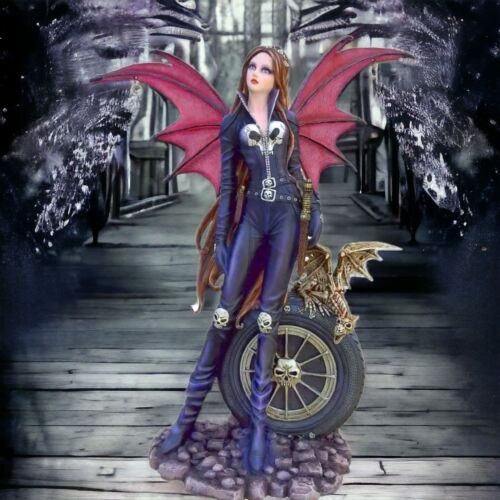 Large Gothic Biker Fantasy Fairy Statue Resin Winged Female Warrior with Dragon - Photo 1 sur 3