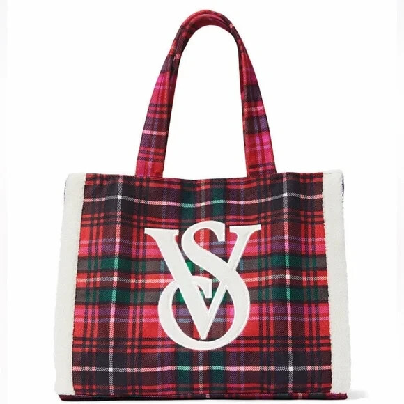 Victoria Secret Holiday Tote Bag Red Plaid With Logo