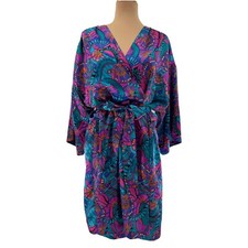 Vintage Erika Taylor Vibrant Tropical Floral Palm Silky Kimono Robe Medium