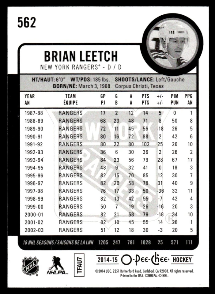 2014-15 O-Pee-Chee LEGEND FOIL Brian Leetch New York Rangers #562 - Image 2 of 2