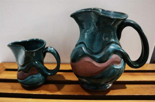 AL KNUTSON Unique 2 x ensemble de pichets de poterie de studio émail bleu 7"  - Photo 1/4