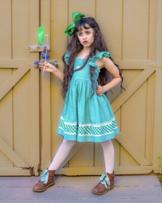 DollCake-sz 7-Green-Checkered-Tie Back-Dress-Sundress-cotton-twirl