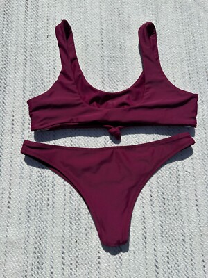 Zaful Swim Women's Wine Knotted Scoop Front Bikini Two Piece