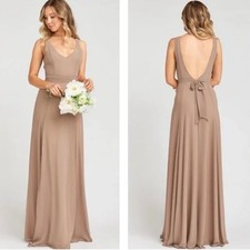 NWT Show Me Your Mumu Taupe Chiffon Deep V Maxi Dress Size Small Bridesmaid long