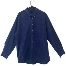 Eddie Bauer Button Down Wrinkle Resistant Shirt Men Large Tall Navy Blue Plaid
