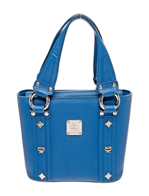 #ad MCM Blue Leather Purse w Top Handle Silver Hardware amp; MCM Logo Lining 10” Wide $145.00