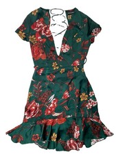 PRETTYLITTLETHING Green Floral V-Neck Short Sleeve Mini Dress US 4