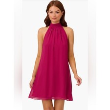 NWT Adrianna Papell Women’s 12 Halter Chiffon Jersey Dress Magenta Knee Length