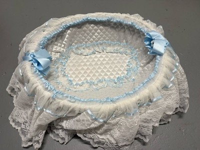 Vintage Baby Bassinet Basket White Lace Satin Blue Bows Wicker Nursery Decor