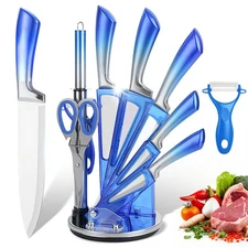 Stainless Steel Cleaver Kitchen Knives Set with Block & Sharpener Sharp Cutlery