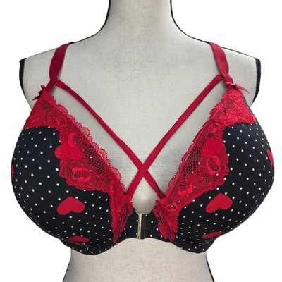 Cacique Bra 42D Boost Plunge Front Close Black Red Polka Dot Hearts Racerback
