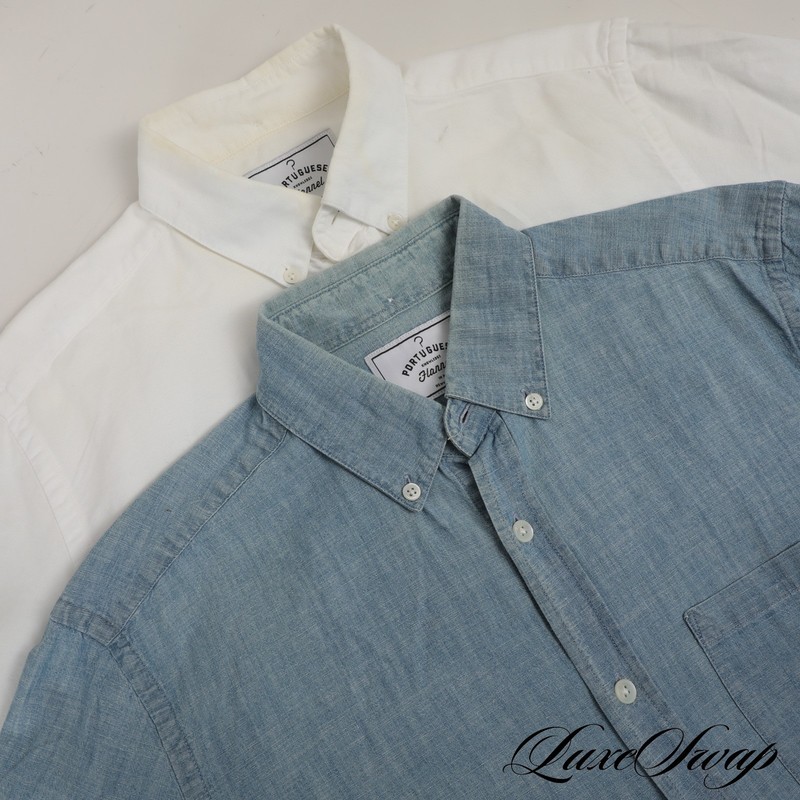 LOT X2 Portuguese Flannel Made in Portugal White OCBD Denim Chambray Shirt S NR