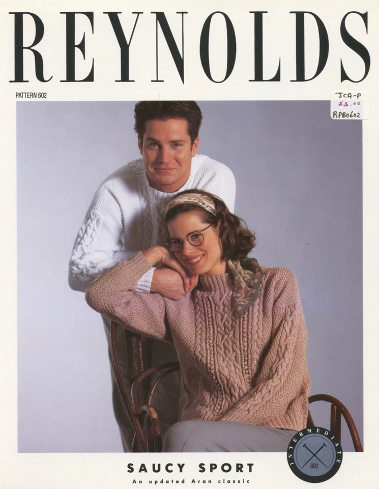 Pullover clásico Reynolds Saucy Sport tejido patrón 602 para hombre y mujer 36"-51" Foto 3 de 3