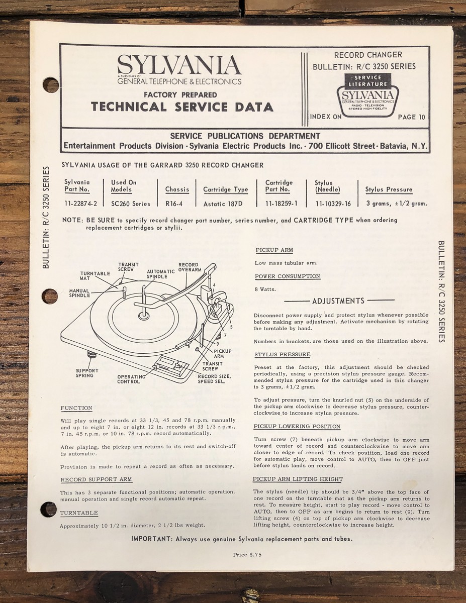 Sylvania / Garrard Model 3250 Series Record Changer Service Manual *Original*