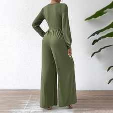 Women's Elegant Jumpsuit With Cross V-Neck  Long Sleeve Solid Color Belted Wide