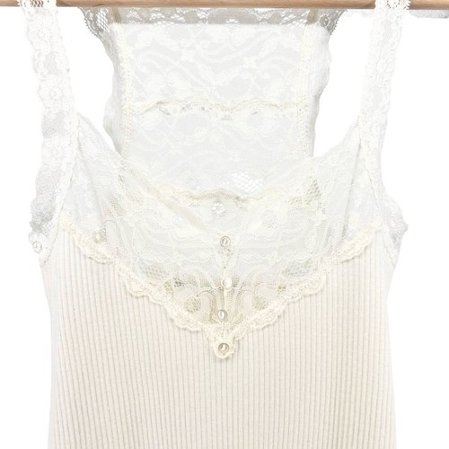 Energie Y2K Henley-Tanktop gerippt Spitzenbesatz Gr. M creme Baumwolle Spaghettiträger - Bild 10 von 16
