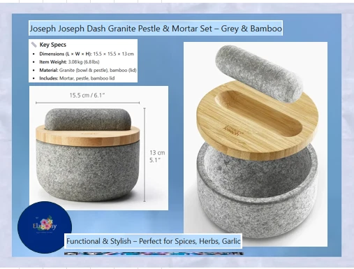 Joseph Grey Dash Granite Pestle & Mortar | Grey & Bamboo Lid | Stylish Kitchen