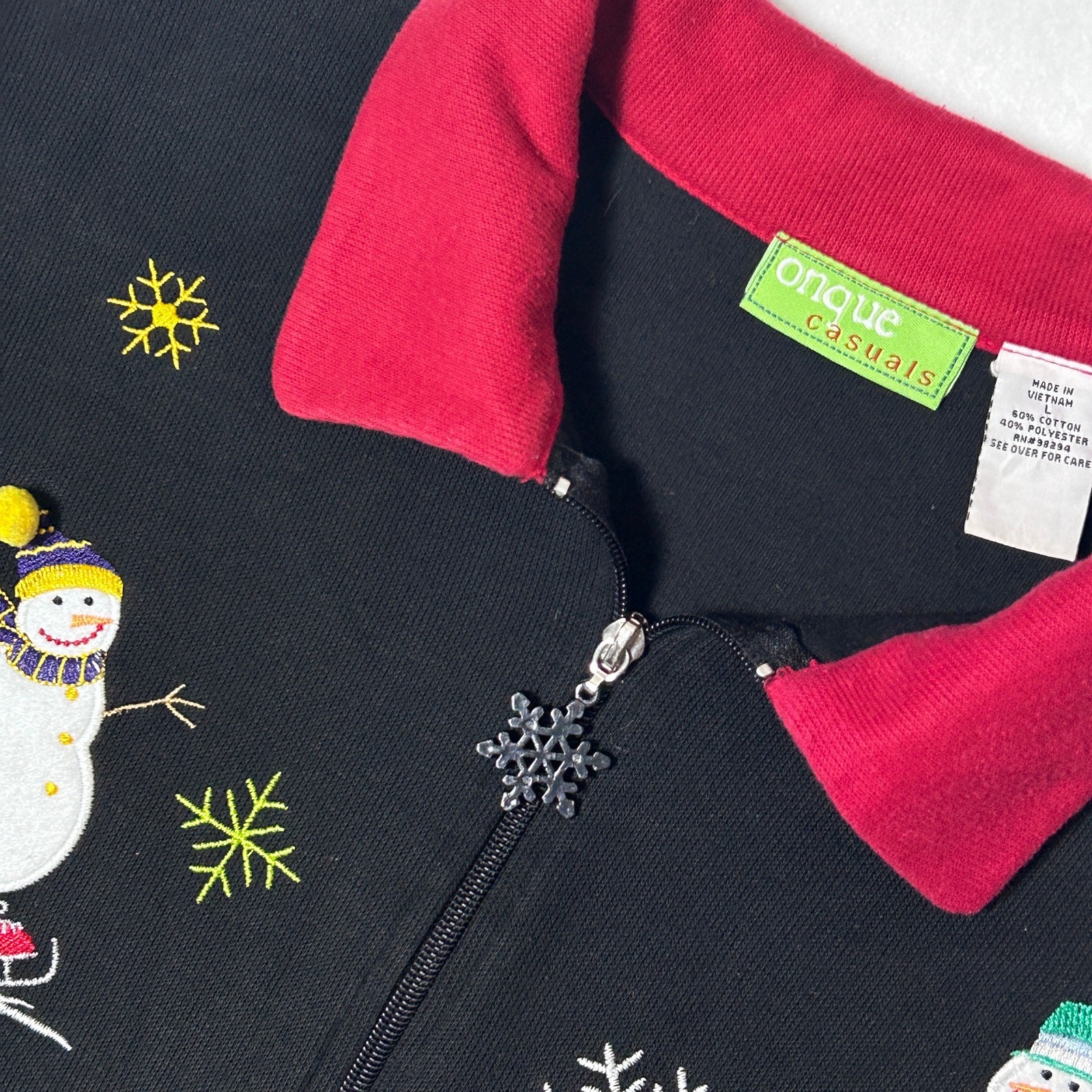 Vintage Embroidered Snowman Christmas Zip Sweatshirt Jacket Women's Black Size L image 3