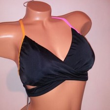 Victoria Secret PINK Swim Bikini Top Large Black Pink Orange Solid Wrap Halter
