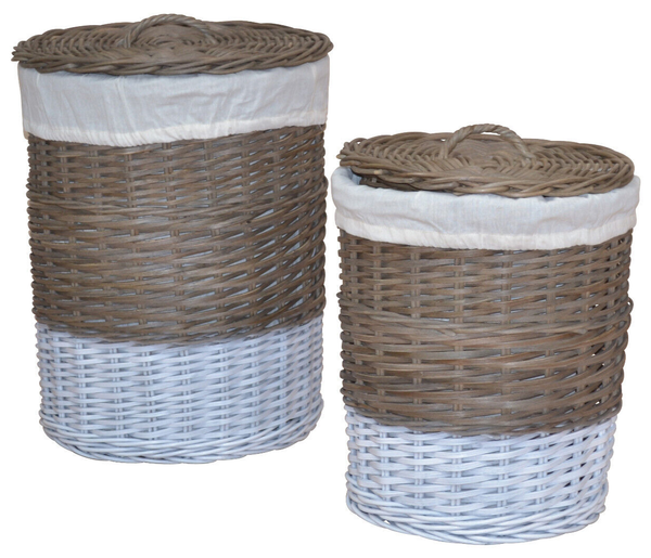 WäSchekorb, WäSchesammler (2 StüCk) Aus Rattan Handgeflochten, Naturgrau/Weiß-image