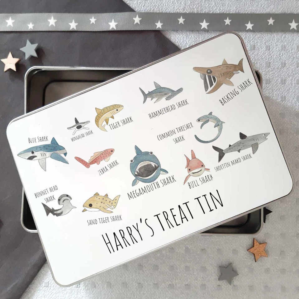 Personalised Shark Tin, Treat tin, Word cards Tin, Birthday Boys Gift Idea - Image 2 of 4