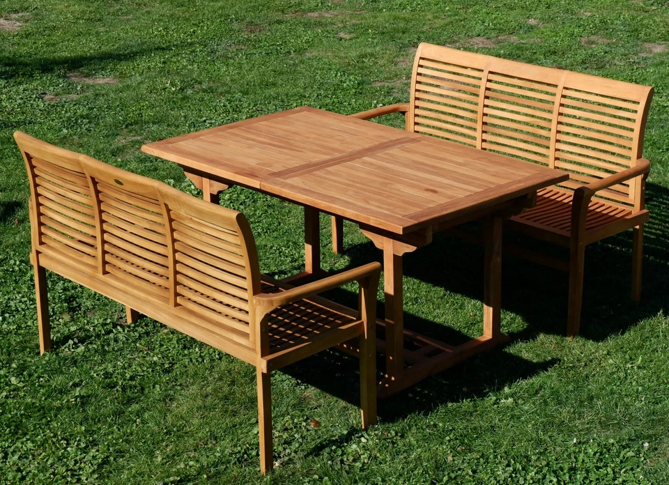 TEAK Set Gartengarnitur Ausziehtisch 150-210cm x 90cm + 2 Bänke 150cm Holz JAV - Bild 4 von 4