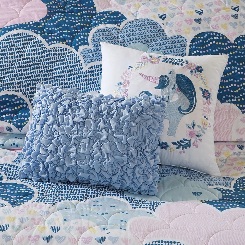 BLUE CLOUDS 4pc Twin QUILT SET : DREAM PINK HEARTS UNICORN COTTON GIRLS COVERLET - Image 3 of 4
