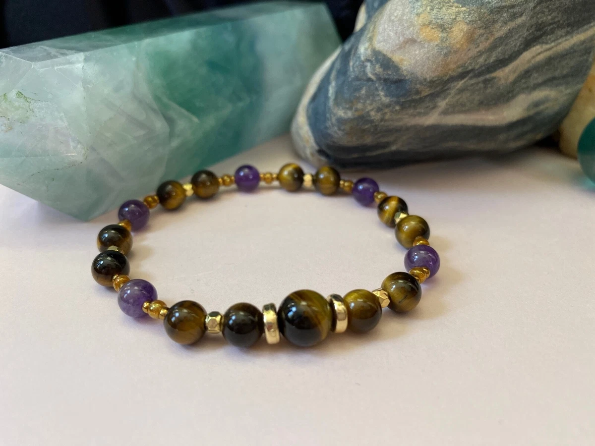 Tiger s Eye Amethyst Bracelet for Her. Beautiful Gift. 6 inches