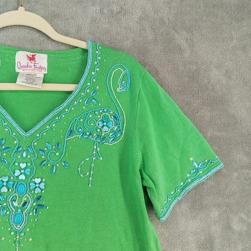 Vintage Quacker Factory M(8-10) Sweater Intricate Beading Flamingo Green V-neck - Picture 4 of 14