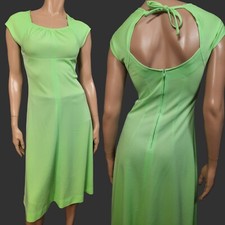 Vintage 70s Green Midi Dress Womens Size S Empire waist Open Back Cap Sleeves