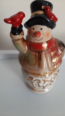 Snowman Trinket Box with Cardinals Ceramic 5''