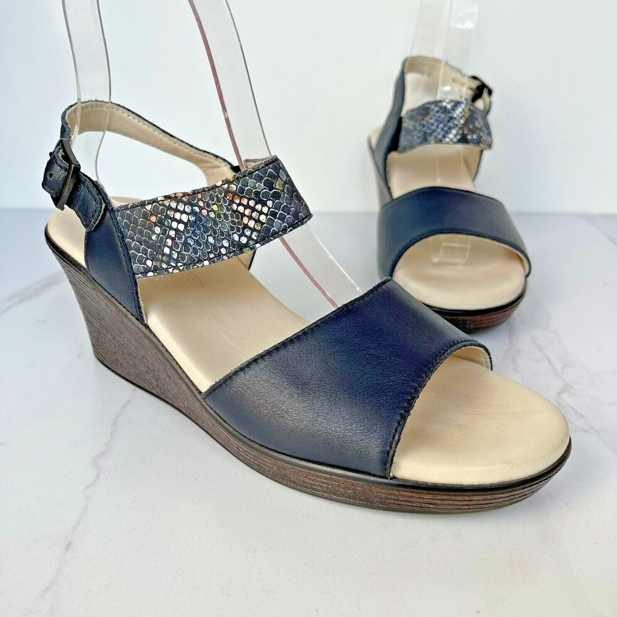 SAS Heather Quarter Strap Wedge Sandals Snake Print Blue Leather
