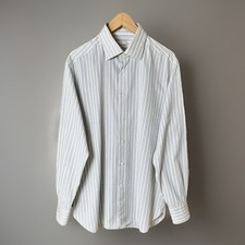 ERMENEGILDO ZEGNA Dress Shirt Men's 44/17.5 LS Ivory Black Stripe Cotton Herring