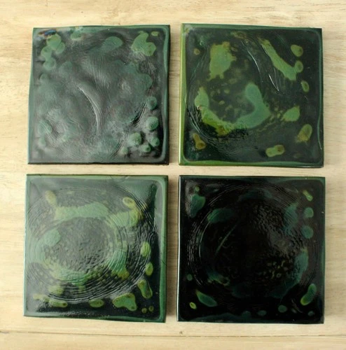 4x Antique Tiffany Studios LCT Favrile Glass Tile 4" -  Forest Green