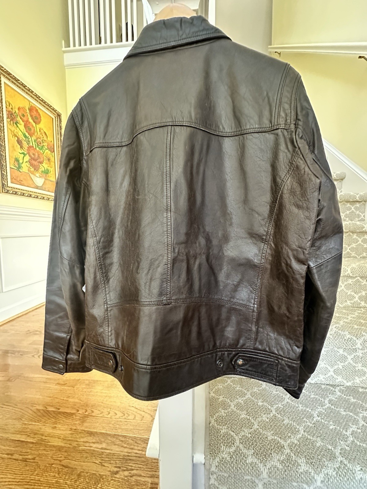 Zara Man Genuine Leather Jacket L Brown Casual Zip Cargo Moto Bomber Coat Rare image 6