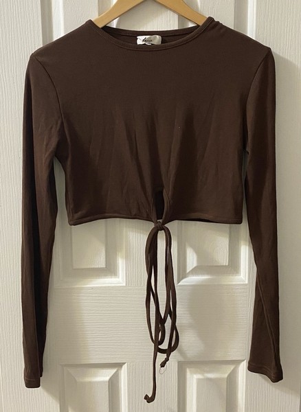 DAZIE Ladies Chocolate Brown Long-Sleeve Ribbed Midriff Crop Top Size 14