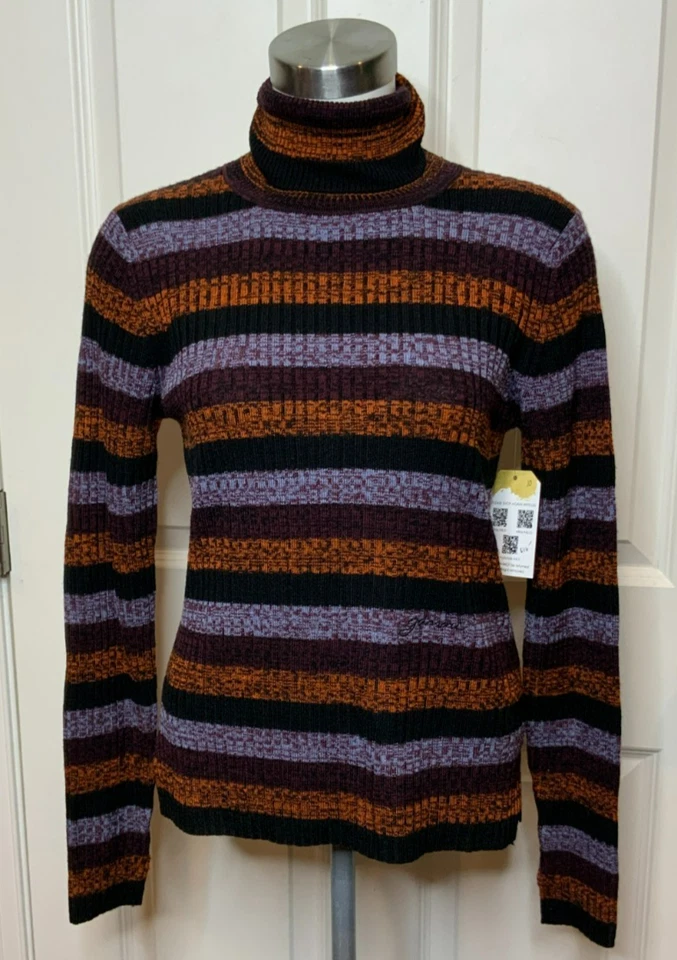 Ganni Multicolor Striped Cut-Out Merino Wool Turtleneck Sweater, Size Medium - Image 2 of 4