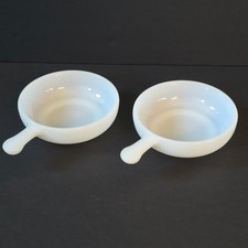 Vintage Glasbake White Milk Glass Handle Soup Chili Bowls J-2102 Set of 2 USA