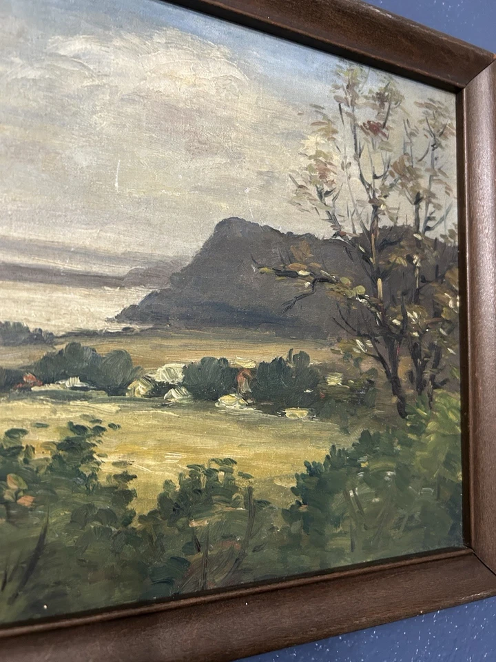 Pintura al óleo original vintage de paisaje sin firmar | Verde de montaña y agua Foto 2 de 4