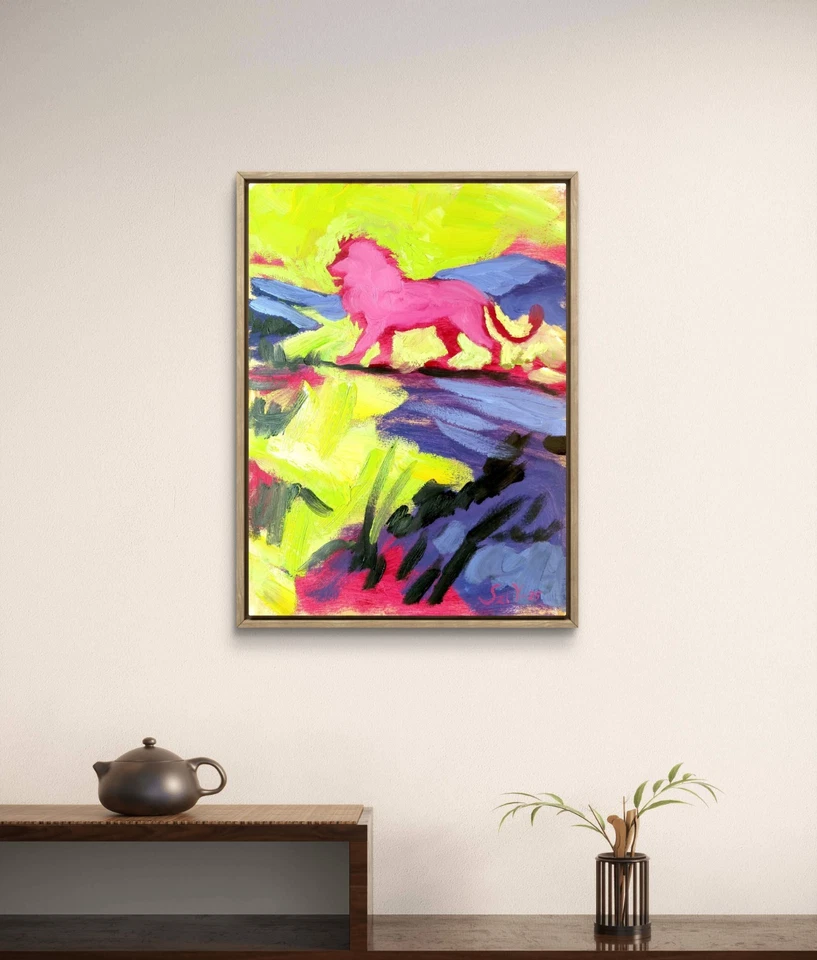 Pintura a óleo original 12x16 lona rosa leão figurativo expressionista abstrato - Imagem 2 de 4