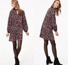 Loft Black Red Berry Floral Velvet Trim Long Sleeve Key Hole Dress - Size Medium