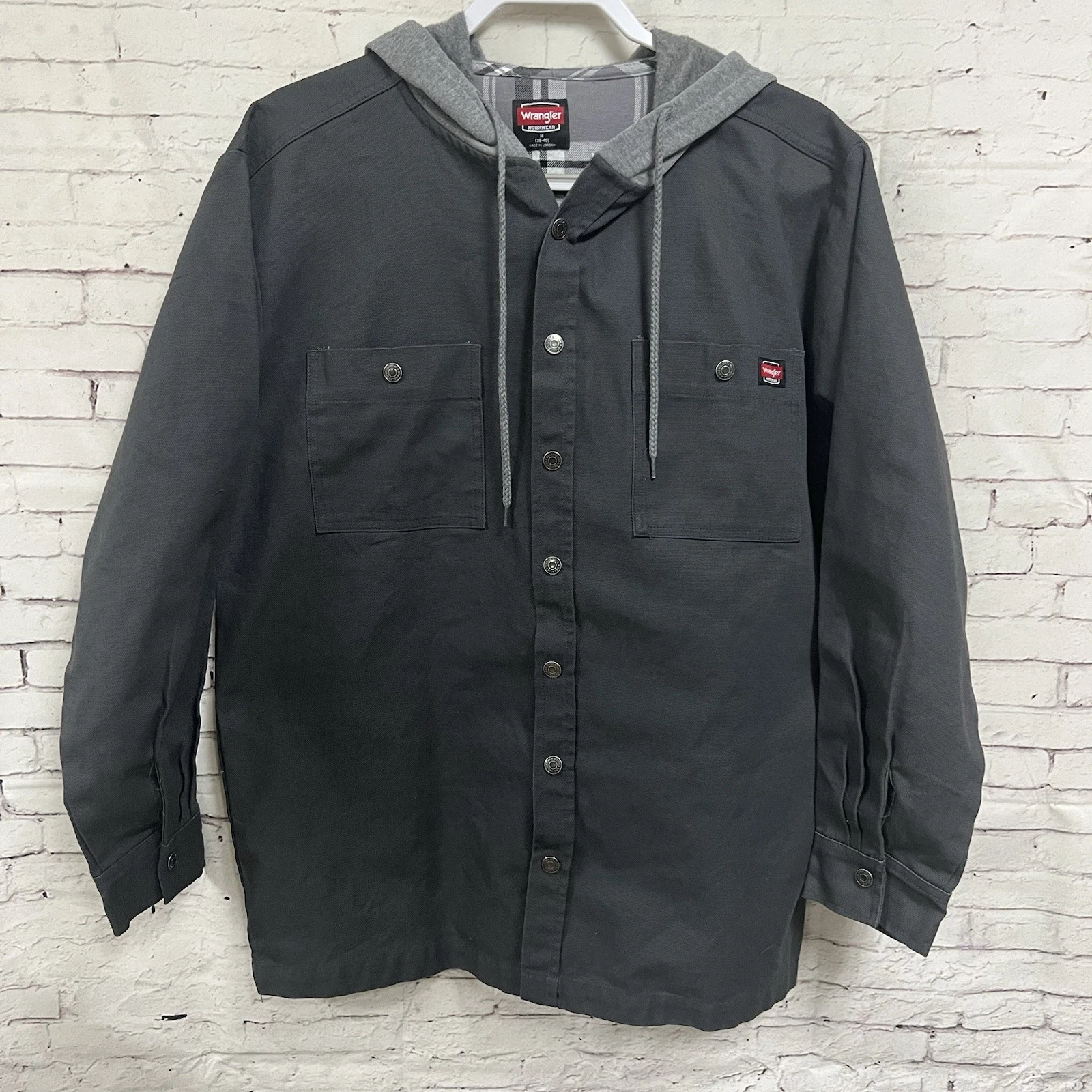 Wrangler Workwear Men Medium 38 40 Shirt Jacket Full Snap With Fleece Hood Gray