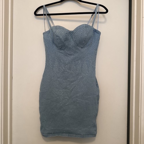 Haute Monde Stretch Denim Bustier Rhinestone Bodycon Mini Dress Size S